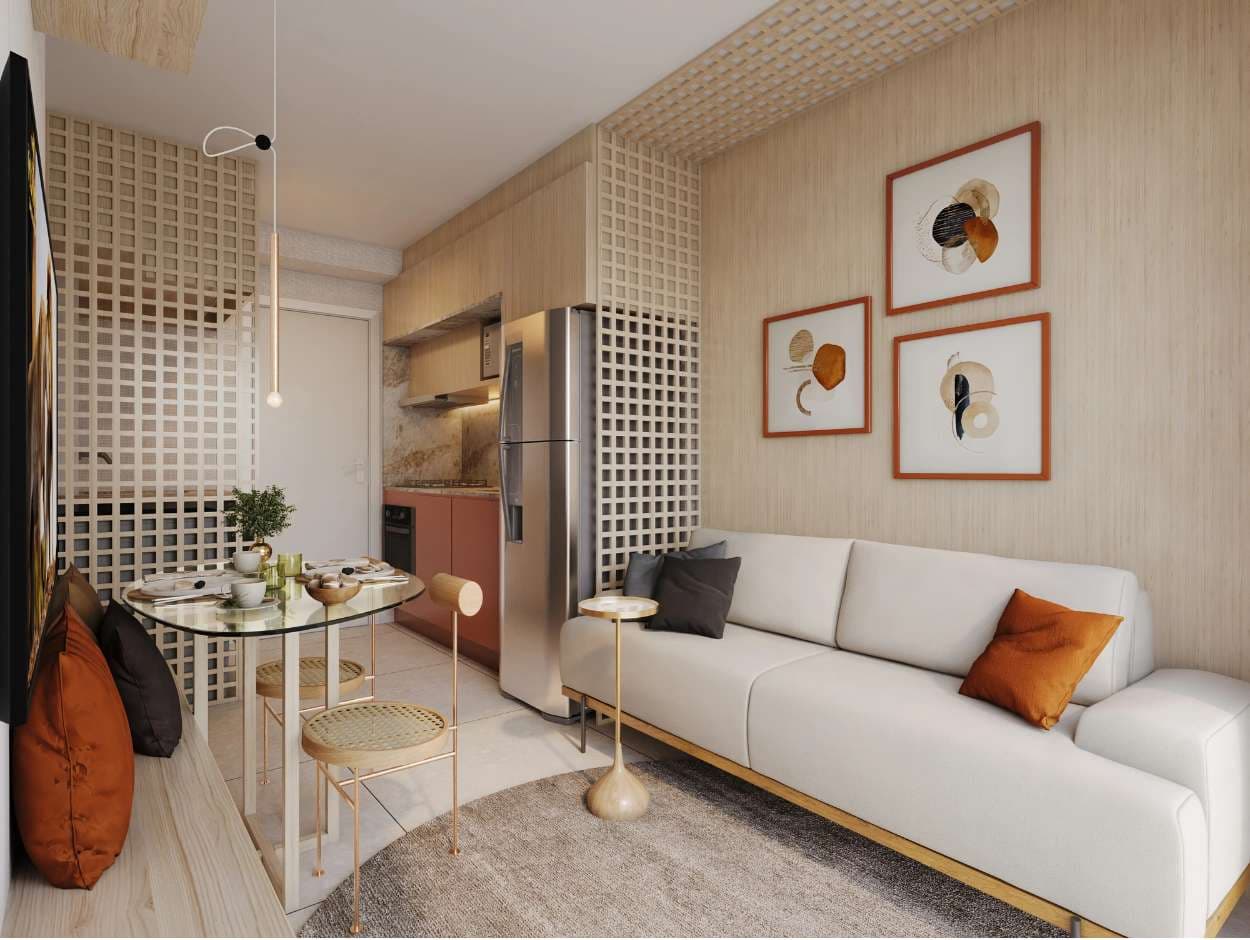 Studio decorado com sala integrada à cozinha e área de refeições