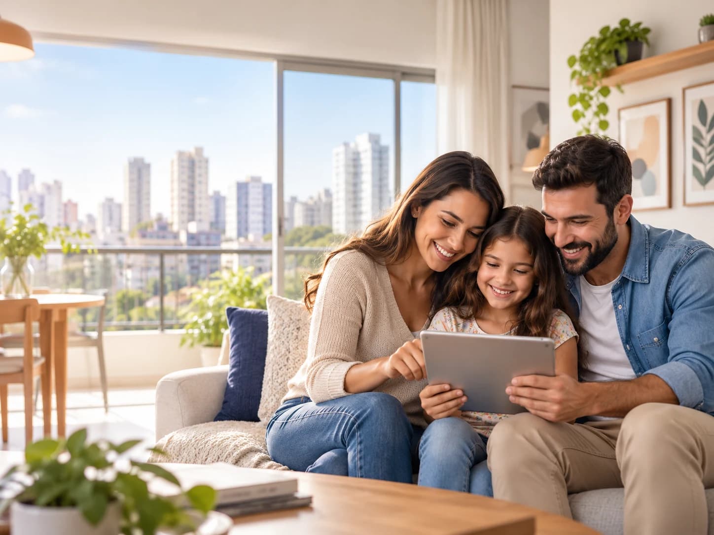 Casal e filha consultando juntos um tablet em um apartamento claro e contemporâneo