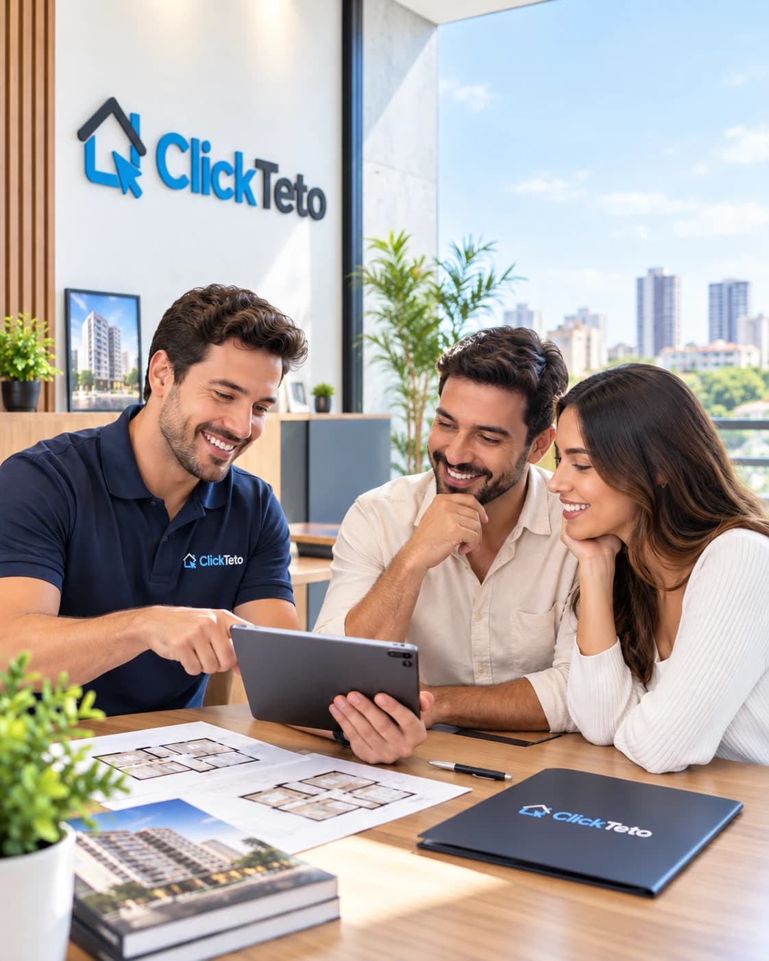 Profissional da ClickTeto orientando clientes na compra do imóvel