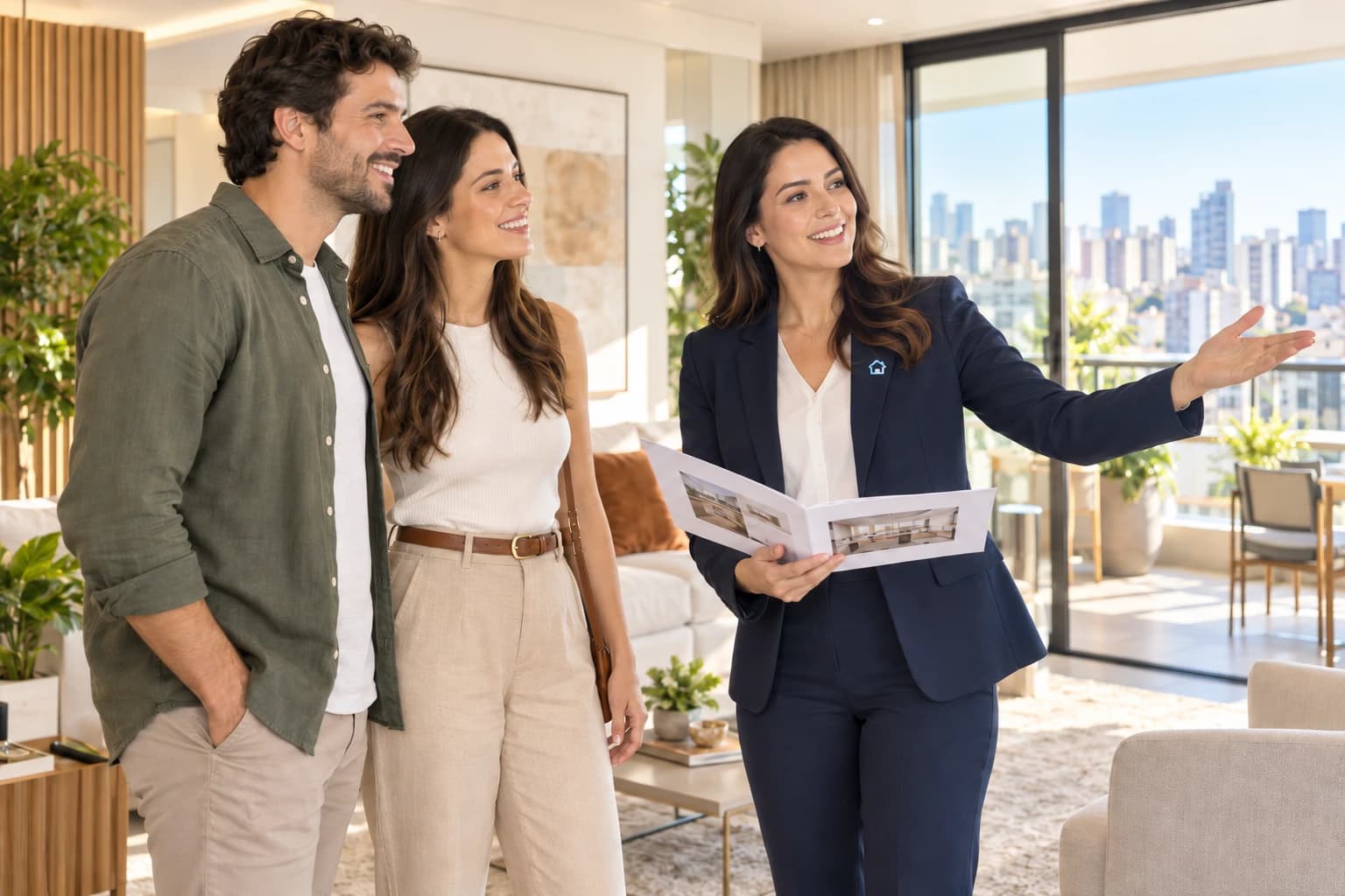 Corretora ClickTeto apresenta um apartamento decorado a um casal em pé, próximo à varanda com vista urbana