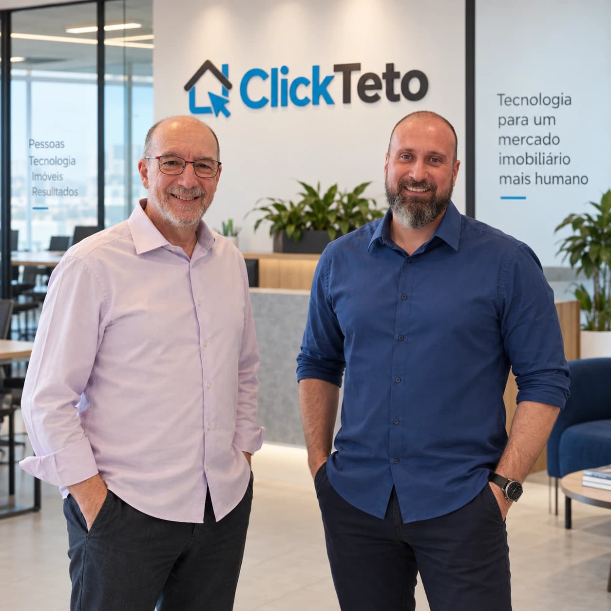 Retrato institucional de dois profissionais da ClickTeto, produzido com referências fotográficas fornecidas para o projeto