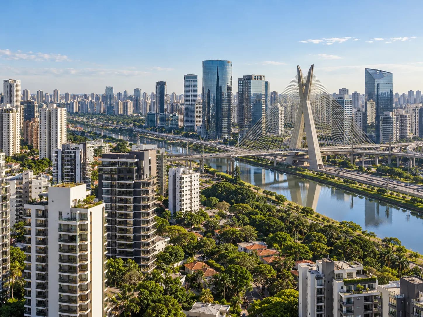 Ilustração digital panorâmica de São Paulo com a Ponte Estaiada, edifícios e áreas verdes