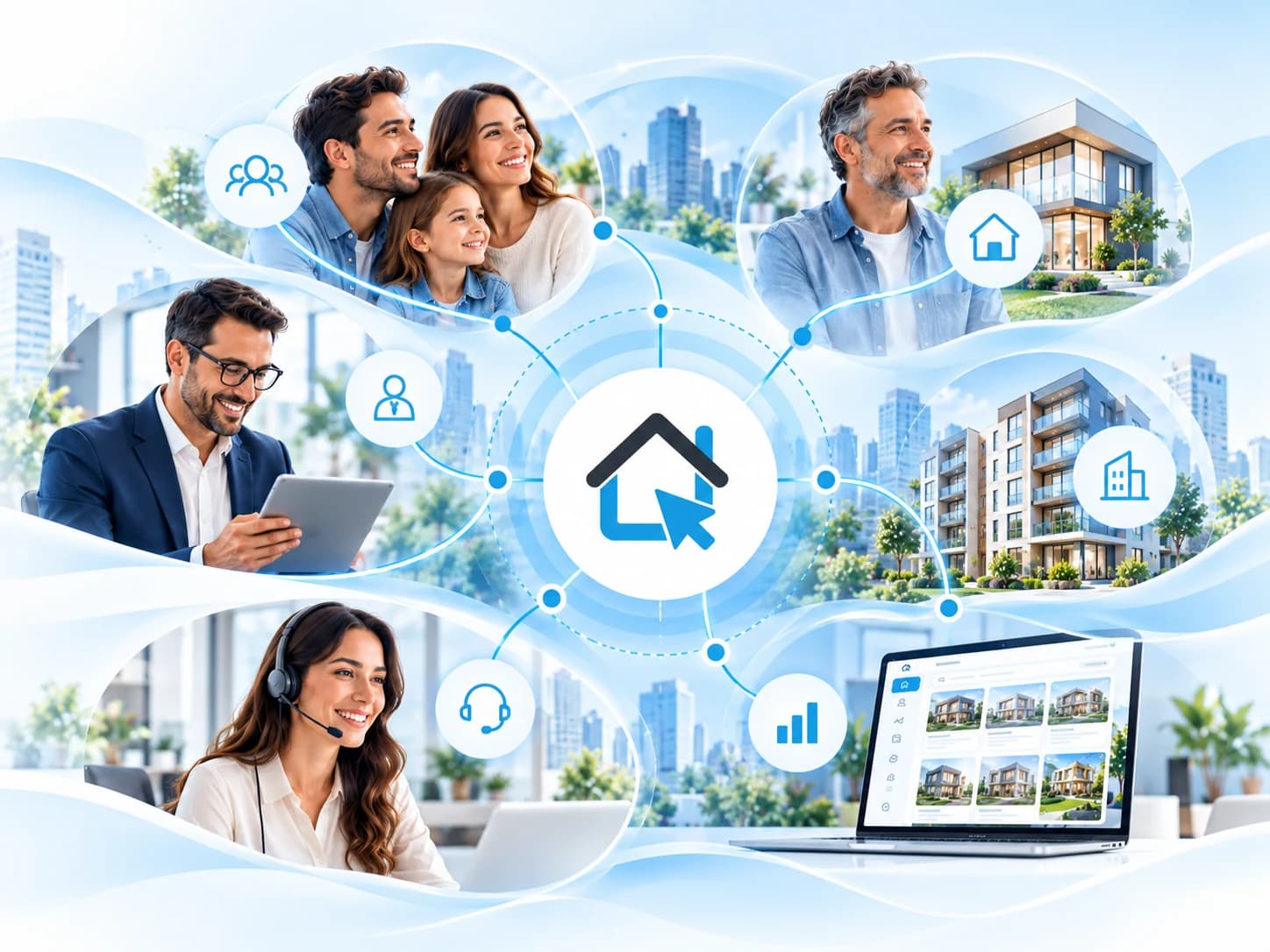 Ilustração do ecossistema imobiliário da ClickTeto, conectando compradores, proprietários, corretores, imóveis, atendimento humano e tecnologia ao símbolo central da rede