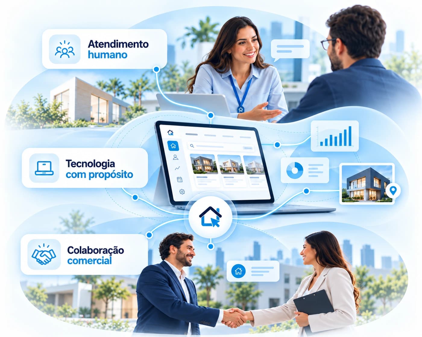 Três fundamentos da proposta da Rede ClickTeto: atendimento humano, tecnologia com propósito e colaboração comercial, apresentados em cenas profissionais conectadas.