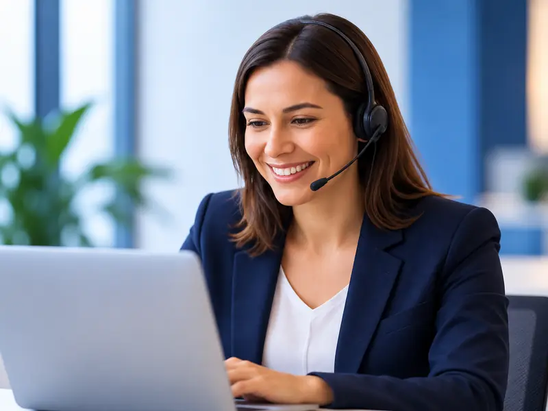 Profissional com headset em atendimento ao computador, representando o CRM ClickTeto.