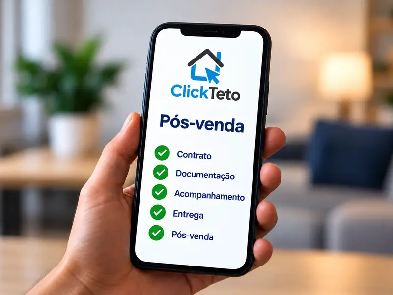 Smartphone com interface ilustrativa de acompanhamento de pós-venda imobiliário.
