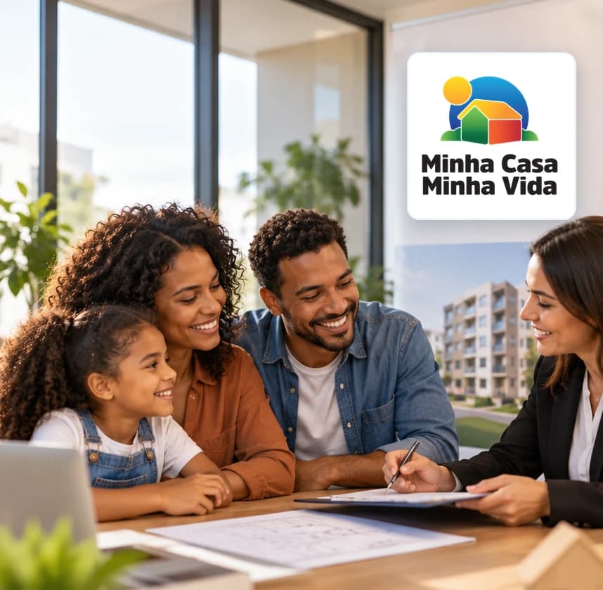 Família com uma criança recebendo orientação de uma corretora sobre a compra do primeiro imóvel, com a marca Minha Casa Minha Vida ao fundo.