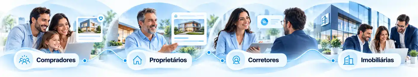 Quatro grupos conectados à Rede ClickTeto: Compradores, Proprietários, Corretores e Imobiliárias.