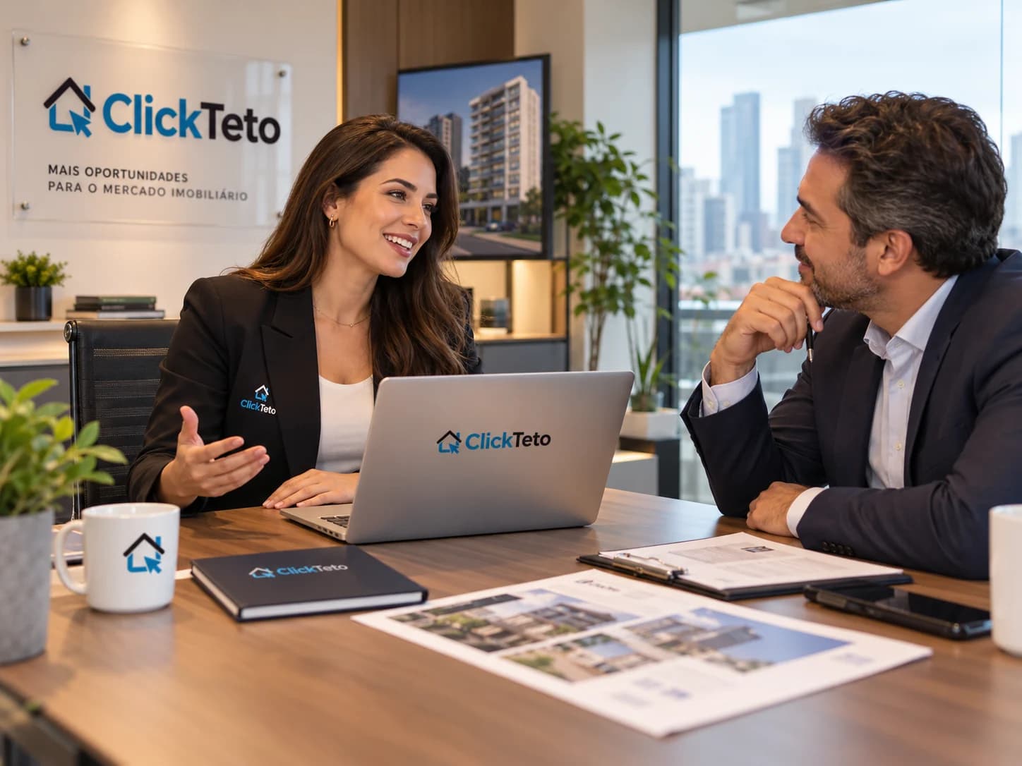 Imagem ilustrativa de uma conversa de parceria entre profissionais do mercado imobiliário, em um escritório com a identidade da ClickTeto.