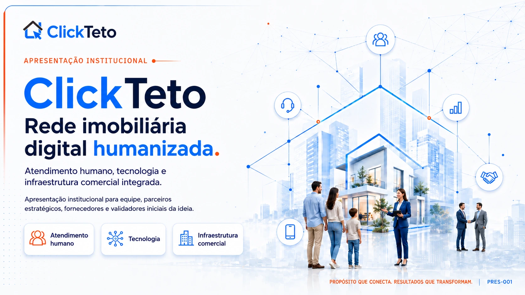 Capa real da apresentação institucional ClickTeto: rede imobiliária digital humanizada.